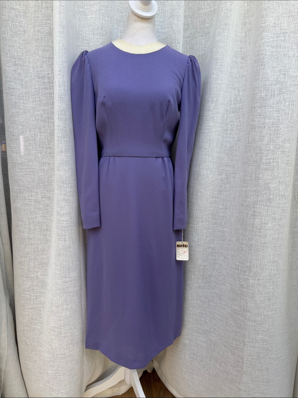 NWT vintage Mariko New York lavender midi dress puffed shoulders fitted waist